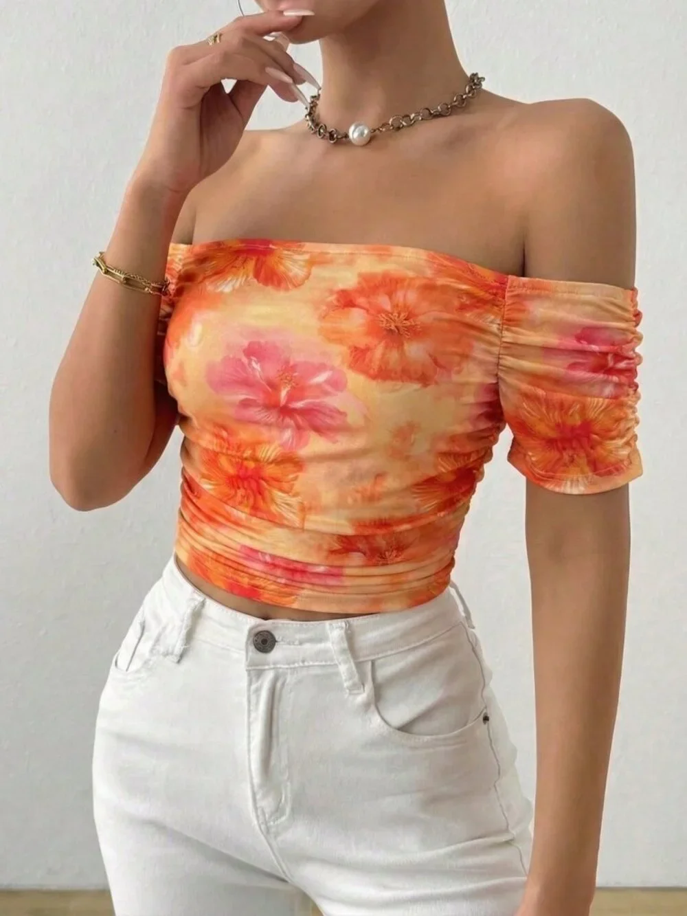 Orange Casual Women's Off-Shoulder Ruched Floral Print Beach T-Shirt